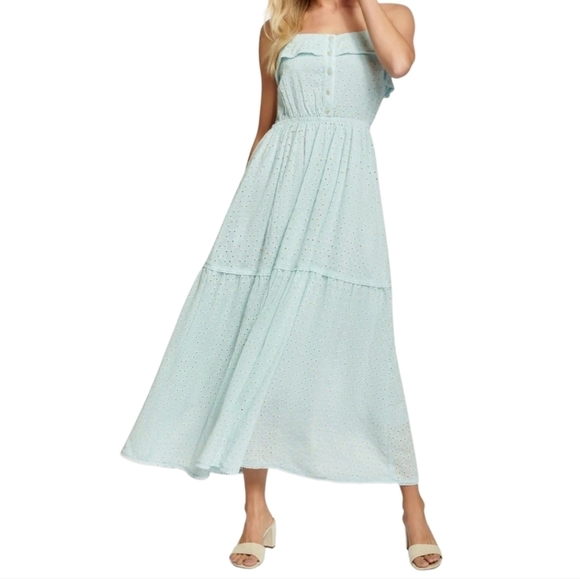 LOST + WANDER Blissful Blues Eyelet Long Maxi Boho Beach Dress Sz L - Picture 2 of 16